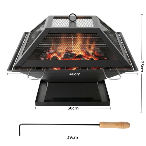Square Fire Pit with BBQ Grill, Metal Fire Pit BBQ with Mesh Lid & 1