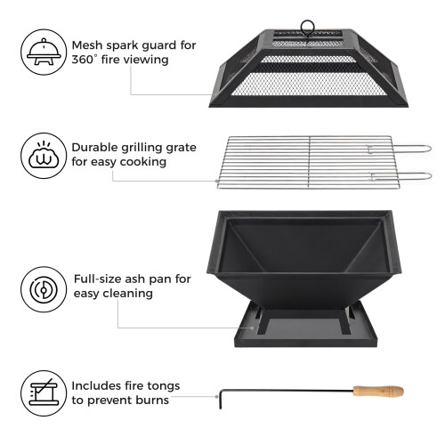 Square Fire Pit with BBQ Grill, Metal Fire Pit BBQ with Mesh Lid & 2