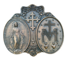 Décoration murale religieuse rustique en bois avec médaille de bronze
