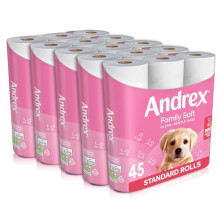 Andrex Family Soft Toilet Tissue 45 Rolls Previously Andrex Gentle Clean Gentle on your Family’s skin– Bulk Pack of 45 Toilet Rolls FSC Certified