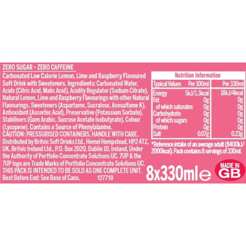 7UP Zero Pink Lemonade 330ml can Pack of 8 1