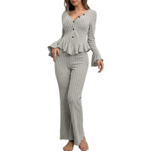 Women's long-sleeved cotton pajama set, soft and-Gray L