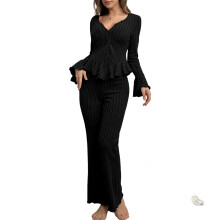 Women's long-sleeved cotton pajama set, soft and-Black M