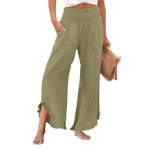 Women's linen wide-leg trousers with pleats,-Light Green S