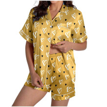 Women's Valentine's Day Pajama Set: Satin Heart Print-Yellow M