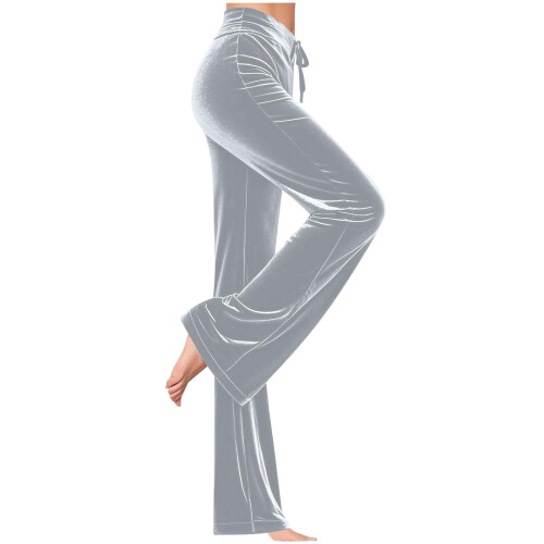 Womens Wide Leg Velure Pants Solid Color Elastic-Light Gray XL