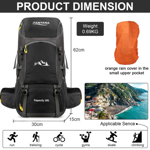 jianyana Hiking Backpack Waterproof 50L Foldable Rucksack Durable Lightweig 1