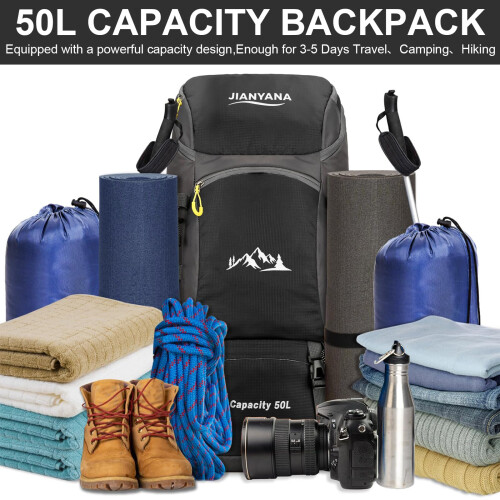 jianyana Hiking Backpack Waterproof 50L Foldable Rucksack Durable Lightweig 2