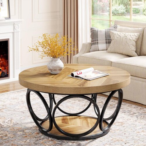 Tribesigns Tribesigns Round Coffee Table, 80 cm Wooden Table with 2-Tier Storage 2