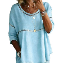 Women's 3/4 Sleeve Denims Shirt Cutout Eyelet-Sky Blue XXXL