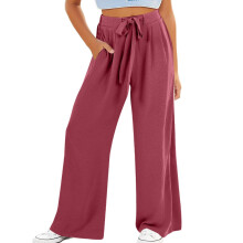 Women's cotton and linen wide-leg pants with drawstring-Red S