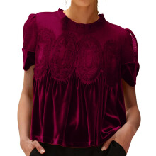 Women's Lace Blouse Casual Round Neck Short Sleeve-Burgundy S