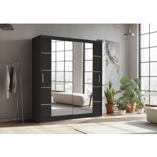 (203CM, Black) DALLAS Gold Sliding Door Wardrobe with Mirror