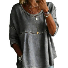 Women's 3/4 Sleeve Denims Shirt Eyelet Lace Patchwork-Gray XL
