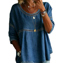 Women 3/4 Sleeve Denims Shirt Eyelet Lace Patchwork-Blue S