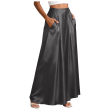 Elegant Satins A Line Midi Skirt High Waist Flared-Gray XL