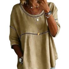 Women Openwork Lace Patchwork 3/4 Sleeve Tunics Top-Khaki S