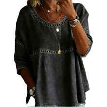 Women's 3/4 Sleeve Denims Shirt Hollow Out Eyelet-Black XXXL