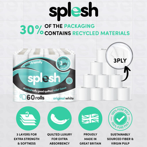 Cusheen Splesh by Cusheen 3-ply Toilet Roll - Unscented (60 Pack) Soft, 1