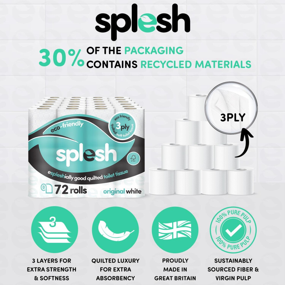 Cusheen Splesh By 3Ply Toilet Roll Unscented 72 Pack Soft Quilted Bul