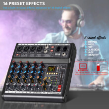 Professional DJ Audio Mixer Controller - 6-Channel DJ Controller Sound Mixer w/DSP 16 Preset Effects, USB Interface, 4 XLR Mic/Line Input, AUX, FX Pro