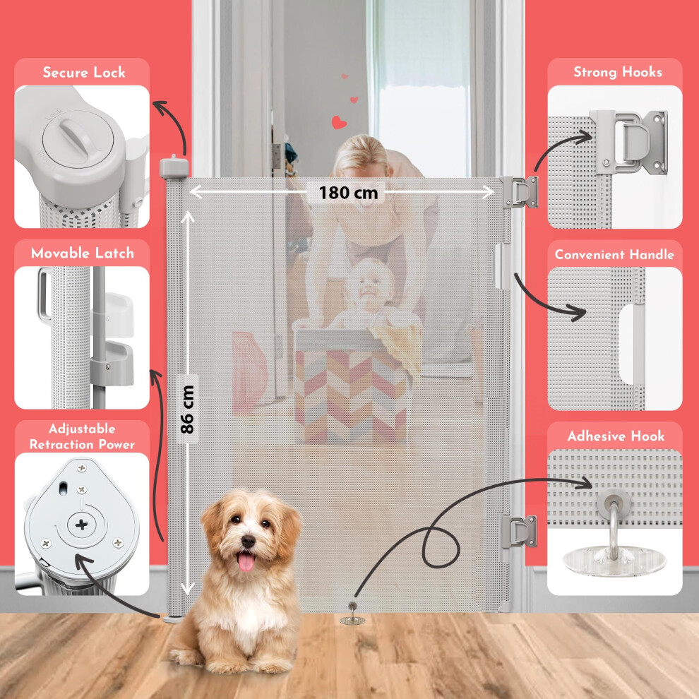 Retractable Stair Gate For Baby & Pet With Secure 2-Step Lock - 180 Cm Wide & 86 Cm Tall Extendable Gate - Retractable Stair Gates For Do White Dikots
