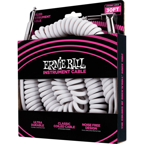 Ernie Ball 30 ft Coiled Straight / Angle Instrument Cable - White