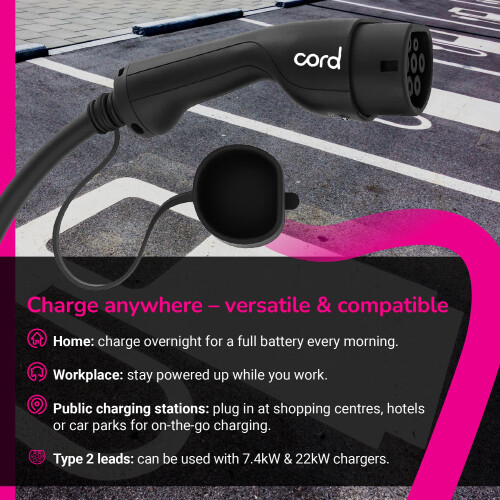 Cord Type 2 to Type 2 EV Charging Cable, 32amp, 22kW, 7.5 Metre, Three Phase 1