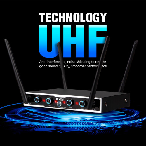 D Debra UHF Wireless Mic System, 4x16 Adjustable Channels, Dynamic Handheld Mics, Auto Frequency Sync, 80m Range for Vocals, Karaoke (4 Mics) 1