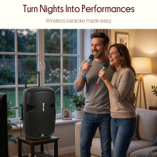 Pyle Portable PA System, Powerful Bluetooth Speaker with 2 Wireless Mics, 1600W, Trolley Handle & Wheels, Long Battery Life, Enhanced Audio for Karaok
