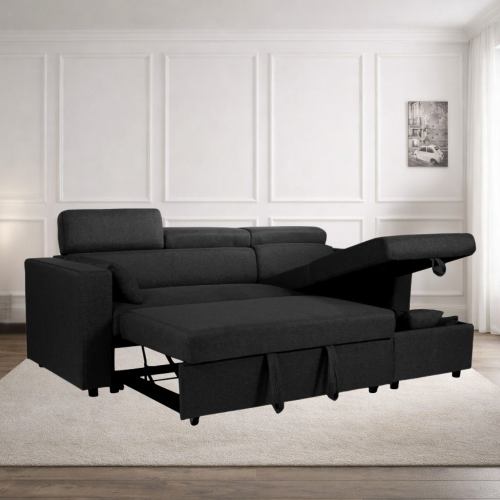 (Black Linen) 4 Seater Reversible Sofa Bed Storage Sofa Bed Pull-Out Sleeper Corner L-Shaped UK 1