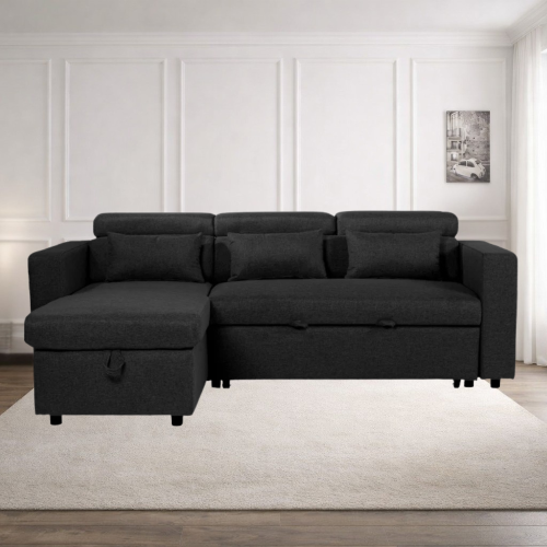 (Black Linen) 4 Seater Reversible Sofa Bed Storage Sofa Bed Pull-Out Sleeper Corner L-Shaped UK 2