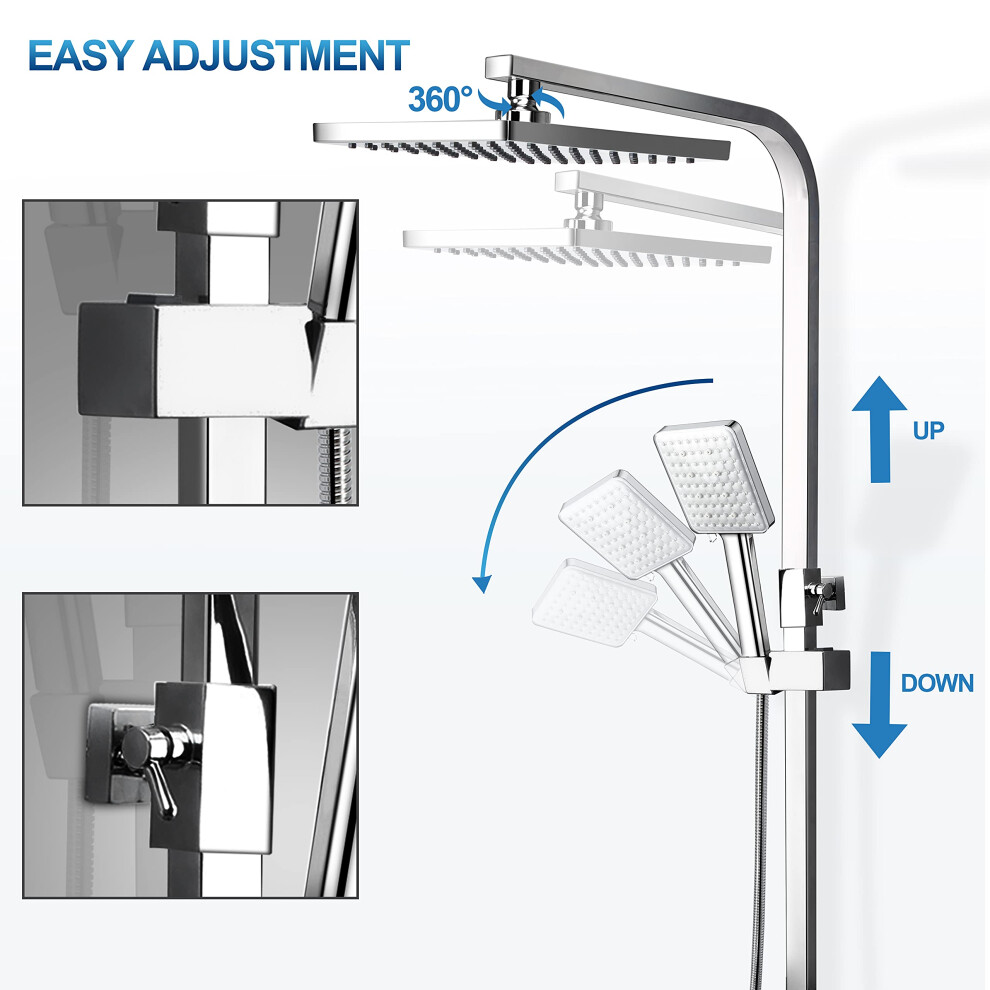 Ronvie Shower System Thermostatic Set, Chrome Shower Riser Rail With Adjustable Rainfall Shower, Scalding Protection Bath Tap, Anti-Kink Bath Hose (Sq 798789894544