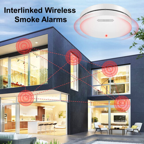 XINDUM Wireless Interlinked Smoke Alarm for Home 2 Pack Interlinked Wireless Smoke Detector with 10 Year Battery, Mute Function, Small White 85dB Fire