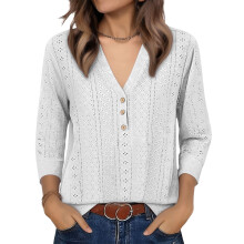 Damen-T-Shirts, halbe Ärmel, V-Ausschnitt, Baumwolle-Weiß XXL