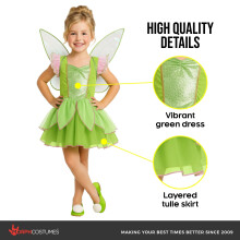 Morph Fairy Costume For Girls With Wings, Girls Green Fairy Dress, World Book Day Costumes For Kids, 7-9 Years