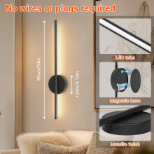 Ketom 2 Pack USB Rechargeable Wall Lights Black, LED Battery Operated Wall Lights Indoor with Remote, 3 Color Temperature & Dimmable & Timer Function