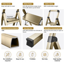BIBKOKE Step Ladder 3-Step Champagne Gold Finish Aluminum Folding Step Ladders,Anti-Slip Max 330 lbs