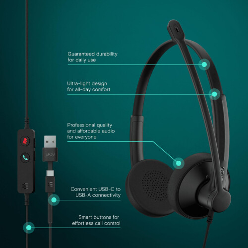 EPOS EPOS IMPACT 100 UC Stereo USB-C+A Headset with Microphone, Universal Communications, Noise-Cancelling Mic, Lightweight, Call Control, USB Adapter, Sof 1