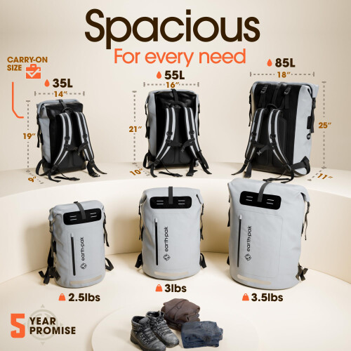 Earth Pak Waterproof Backpack with Roll-Top Closure, Front Pocket, Cushioned Back Panel & Phone Case (Gray, 85L) 1