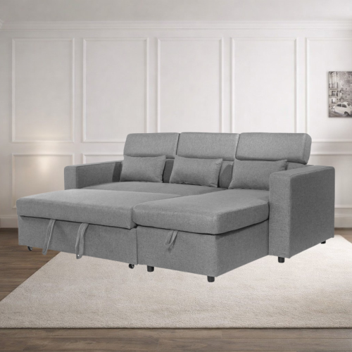 (Grey Linen) 4 Seater Reversible Sofa Bed Storage Sofa Bed Pull-Out Sleeper Corner L-Shaped UK 1