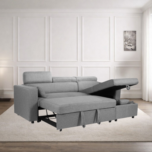 (Grey Linen) 4 Seater Reversible Sofa Bed Storage Sofa Bed Pull-Out Sleeper Corner L-Shaped UK 2