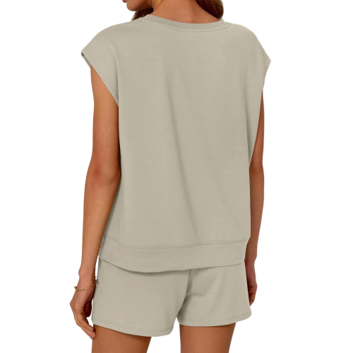 Women's Round Neck Two-Piece Short-Sleeved Drawstring-Black M 2