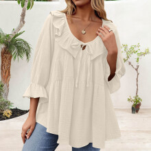 Womens Scoop Neck 3/4 Length Sleeve Tops Casual Tie-apricot XL
