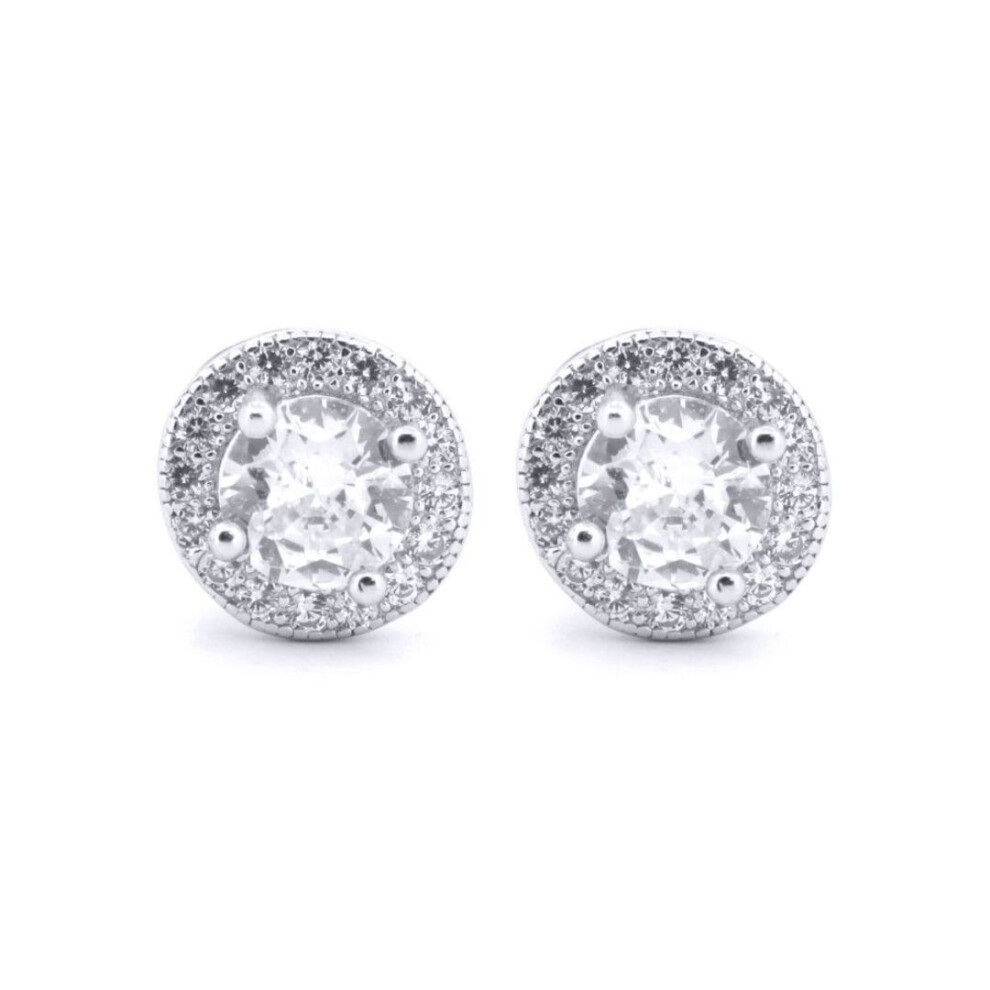 Jewelco London Rhodium Round Cz Circle Halo Solitaire Cluster Stud Earrings - Aes219w Silver