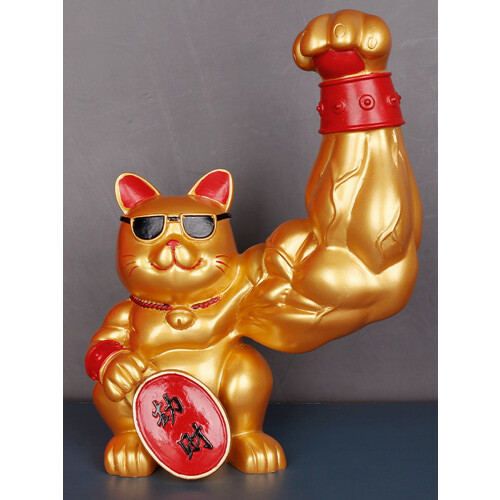 Harzstatue einer Glückskatze mit muskulösem Arm 1