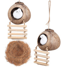 1Set Coconut Fiber Parakeet Nest Hanging Bird House with Ladder