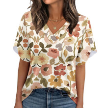 Women's Summer Non-Position Printed Petal Sleeve V-Neck-Khaki L