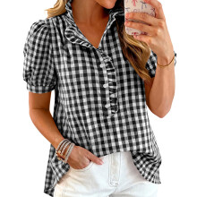 Women's ruffled V-neck button-down short-sleeved-Black S