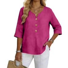 Clothes for Women Ladys Button Down Shirt Casual-Fuchsia XL